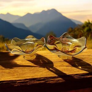 Pair Of Viking Glass Amber Candle Sticks Vintage